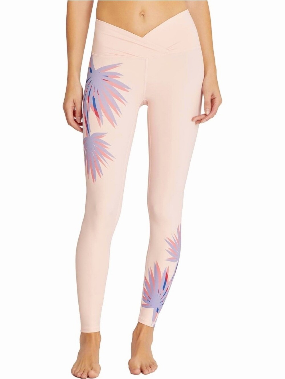 Wildfox Maci Pink Palm Leaf Printed High Rise Crossover V Front 7/8 Leggings